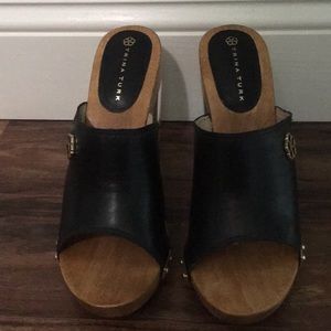 Lucite heeled plat form mules, leather upper